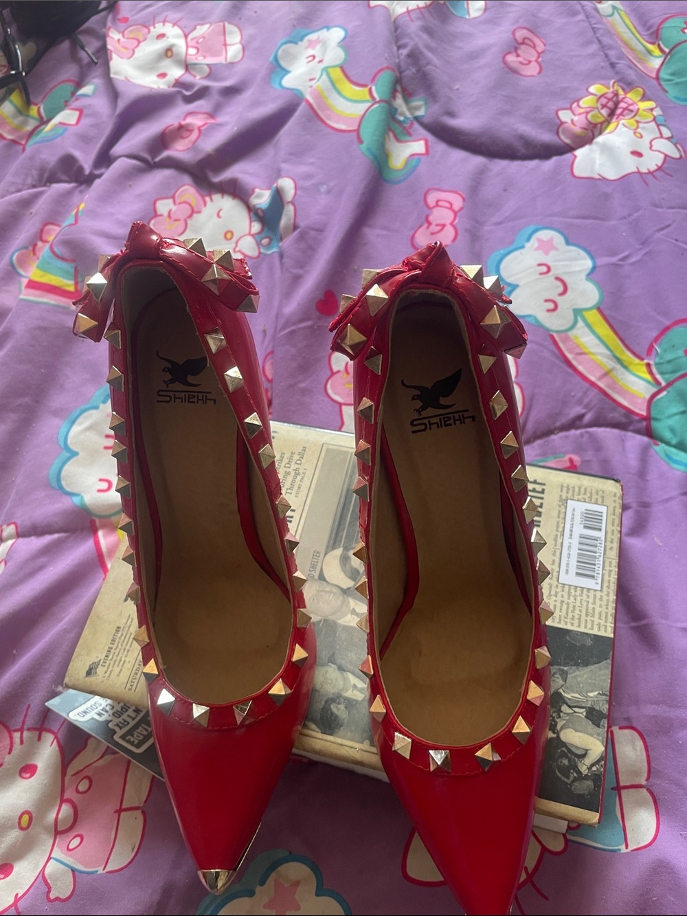 Red Pyramid-Stud Pointed Toe Pumps